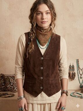 Vintage Brown Pig Suede Leather Vest M Western Wear Core Boho 70s festival